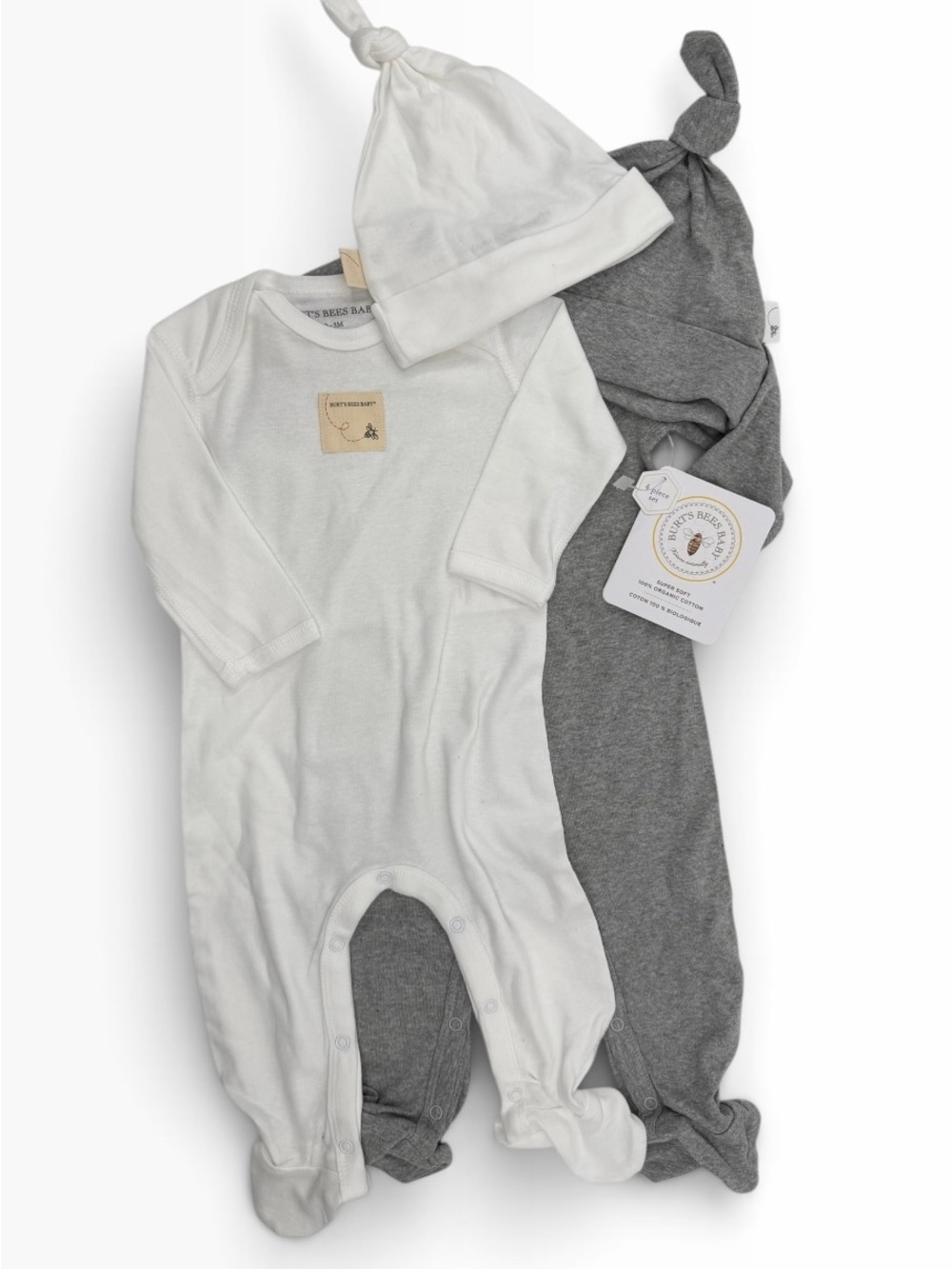Organic Cotton Baby 2 One-Piece Set with Hats - White & Gray. (0-3M)